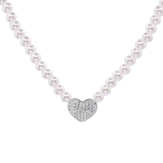 Collar de Plata Delicadas Perlas con Corazón de Circones