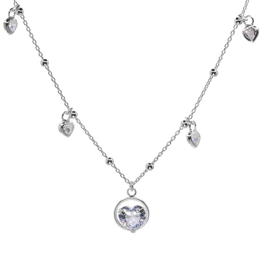 Collar de Plata - Esferas Lisas con Circones de Corazón