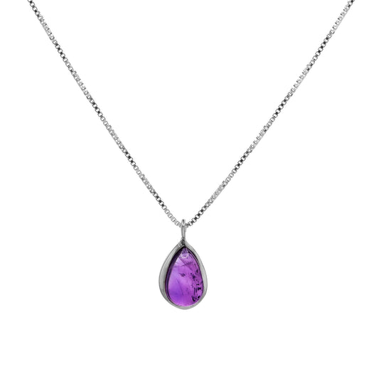 Collar de Plata - Gota con Piedra Amatista 45 cm
