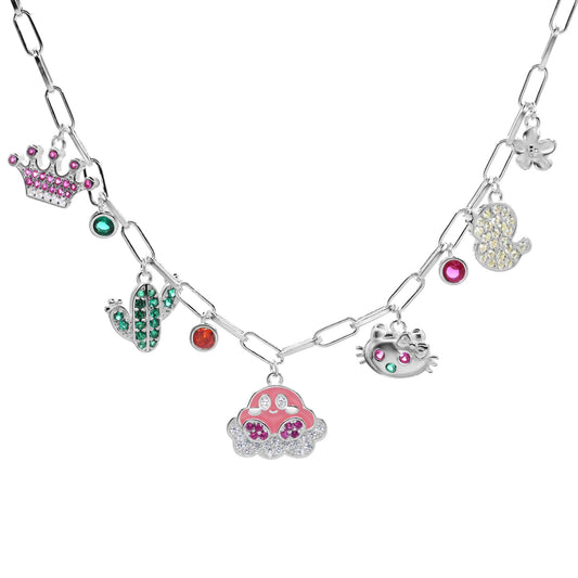 Collar de Plata - Kirby y Hello Kitty con Figuras y Circones