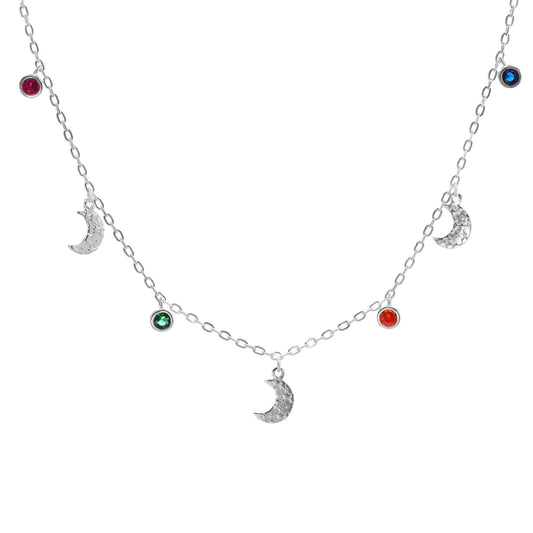 Collar de Plata - Lunas con Biselado de Flor y Circones de Colores
