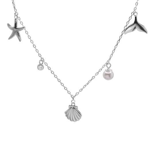 Collar de Plata - Marino con Pequeño Circón y Perla de Imitación