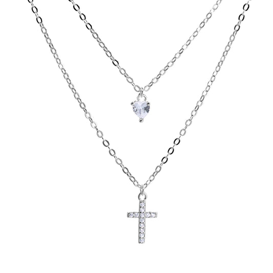 Collar de Plata Doble Cadena con Corazón de Circón Y Cruz con Circones