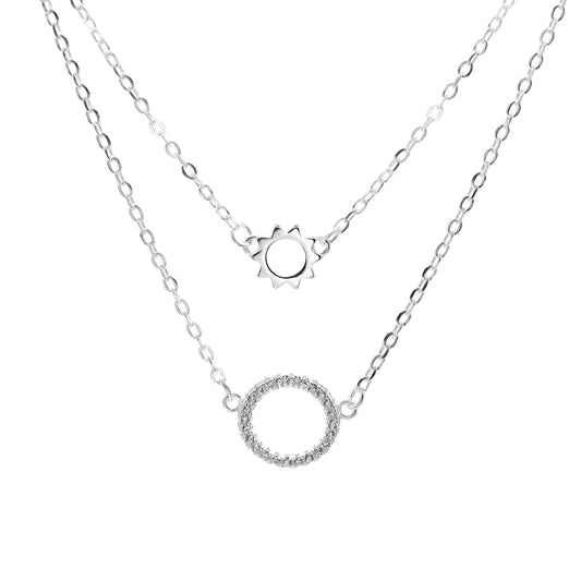Collar de Plata Doble Cadena con Dije Sol y Circulo de Circones