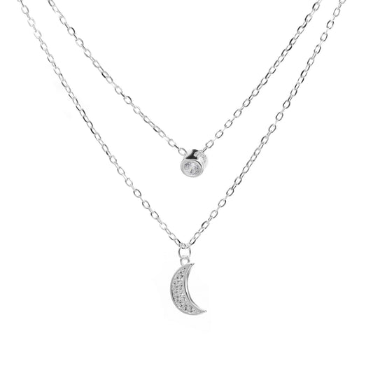 Collar de Plata Doble Cadena con Punto de Luz con Media Luna con Circones