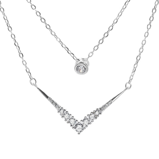 Collar de Plata Doble Cadena con Punto de Luz y - en V con Serie de Circones