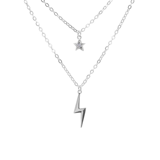Collar de Plata Doble Cadena con Rayo y Estrella con Circón