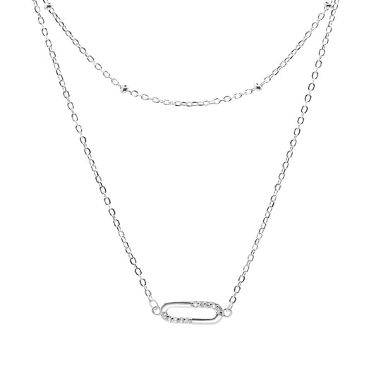 Collar de Plata Doble Cadena Mixta con Aplicación de Circones en Colgante