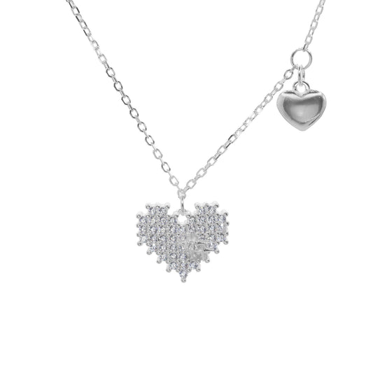 Collar de Plata Doble Colgante Corazón Liso y Serie de Circones