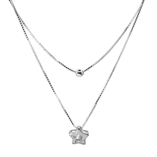 Collar de Plata Doble con Esfera Lisa y Punto de Luz de Estrella