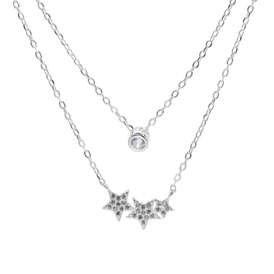 Collar de Plata Doble con Punto de luz y Trío de Estrellas con Circones