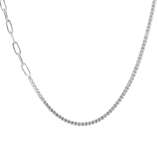 Collar de Plata Doble - Cadena con Serie de Circones y Eslabones Ovalados