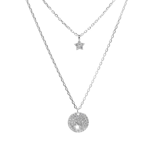 Collar de Plata Doble Medalla Figura Estrella con Circones y Mini Estrella con Circones