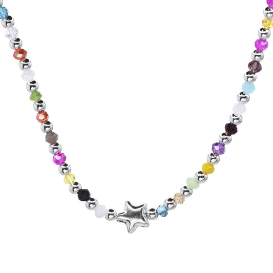 Collar de Plata Esferas Lisas con Piedras Ágata de Colores y Figura de Estrella