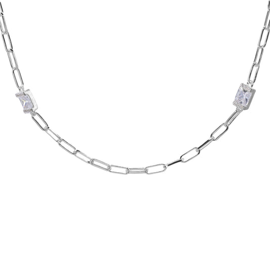 Collar de Plata Eslabón Ovalado con Circones Rectangular