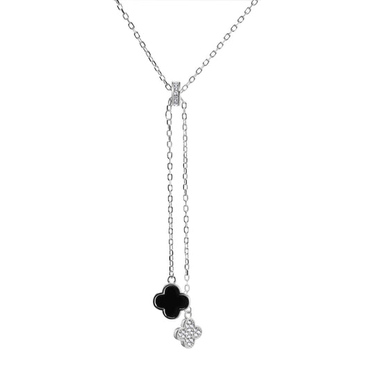 Collar de Plata - en Y con Doble Colgante Placa Trébol Negro y Circones