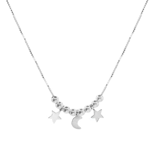 Collar de Plata - Esferas Lisas con Placas de Luna y Estrellas Lisas