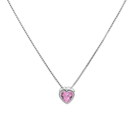 Collar de Plata - Punto de Luz Corazón de Circón Rosa 45 cm