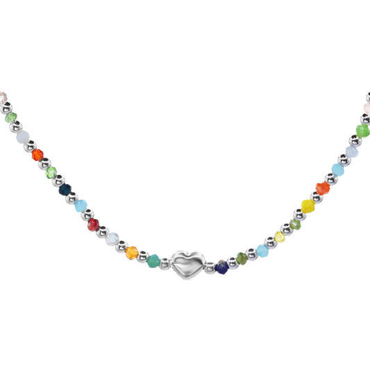 Collar de Plata Figura Corazón con Esferas Lisas y Piedras Ágata de Colores