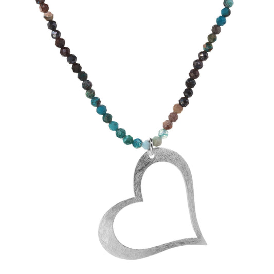 Collar de Plata Figura Corazón Satinada con Piedra Ágata Tonos Tierra