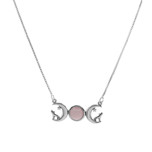 Collar de Plata Luna y Lobos con Piedra Cuarzo Rosa