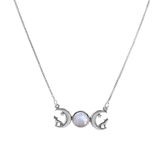 Collar de Plata Luna y Lobos con Piedra Luna