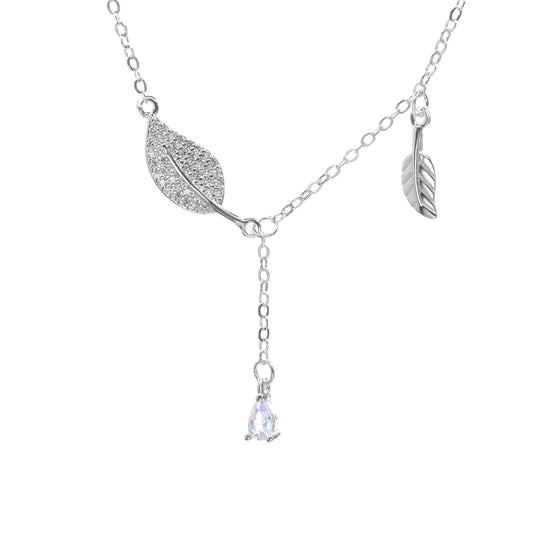 Collar de Plata - Hoja Circones y Lisa con Pequeño Circón de Gota
