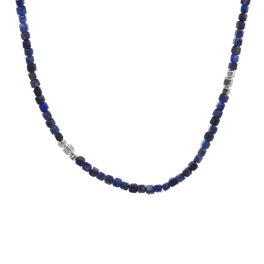 Collar de Plata - Piedra Lapislázuli Combinado con Cubos de Plata Lisa