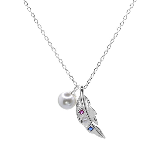 Collar de Plata - Pluma con Circón de Colores y Pequeña Perla
