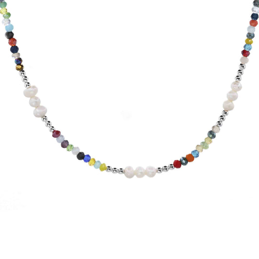 Collar de Plata Pequeñas Perlas de Río y Esferas lisas con Piedras Naturales Ágata de Colores