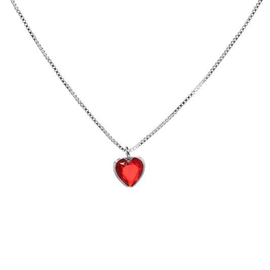 Collar de Plata Pequeño Dije Corazón de Circón Rojo 45 cm