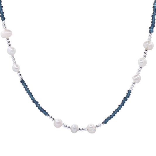 Collar de Plata Perlas y Mostacilla Azul Petróleo con Esferas - DJOYAS