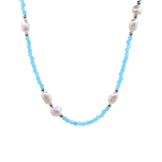 Collar de Plata Piedras Ágatas Celestes y Perlas de Río