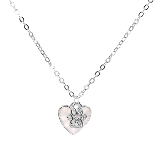 Collar de Plata Placa Corazón de Nácar con Huella y Circones