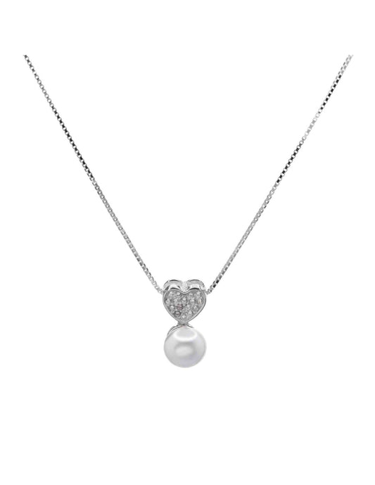 Collar de Plata Placa de Corazón con Circones y Perla de Imitación