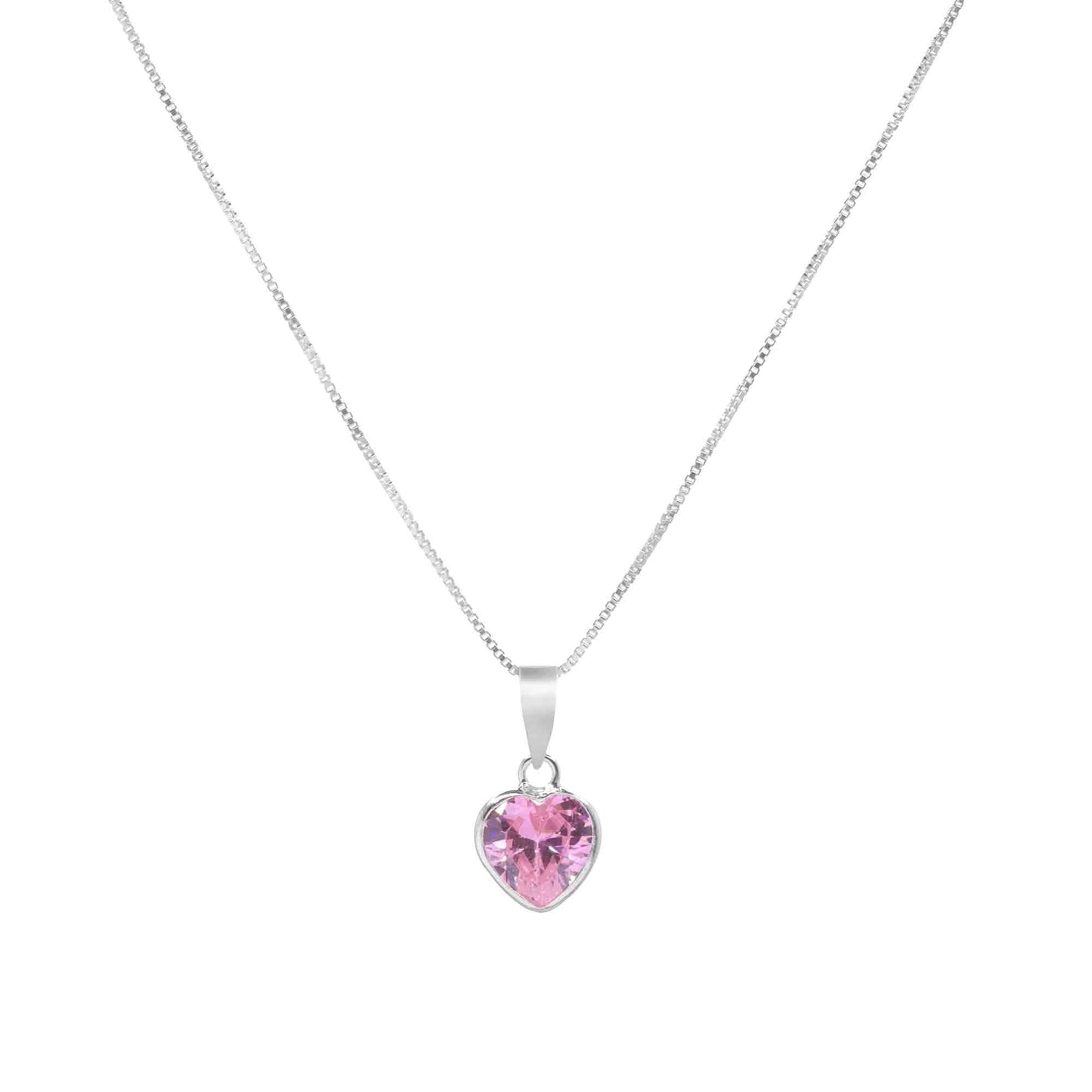 Collar de Plata Punto de Luz Corazón Rosa 45 cm