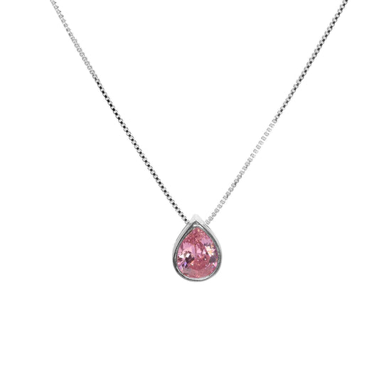 Collar de Plata Punto de Luz Lagrima con Circón Rosa 45 CM
