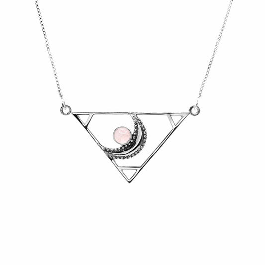 Collar de Plata Triángulo Lunar con Cuarzo Rosa
