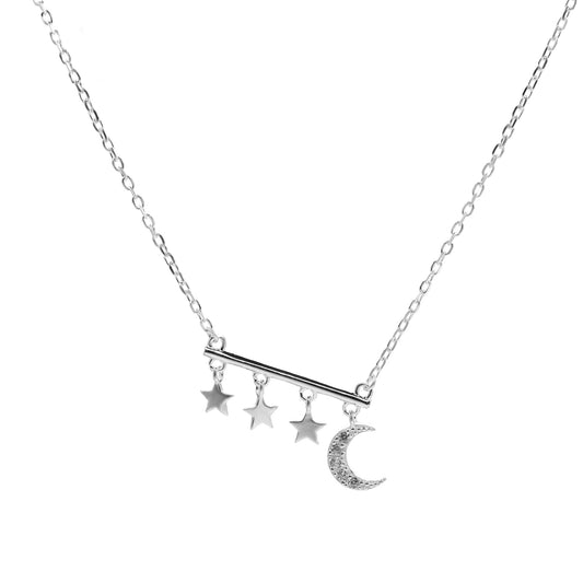 Collar de Plata Varita con Tres Estrella Lisas y Luna con Circones