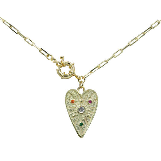 Collar Enchapado en Oro Broche Timón con Placa Corazón