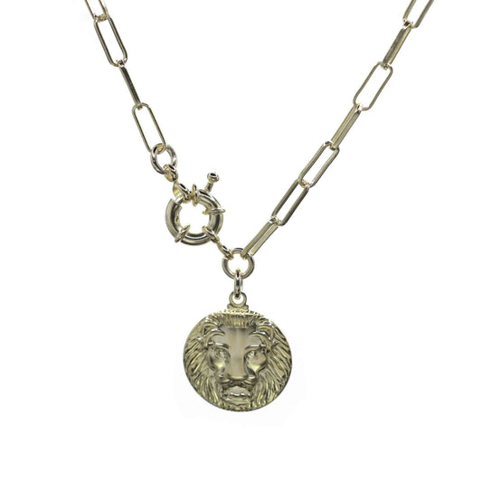 Collar Enchapado en Oro Broche Timón con Placa León