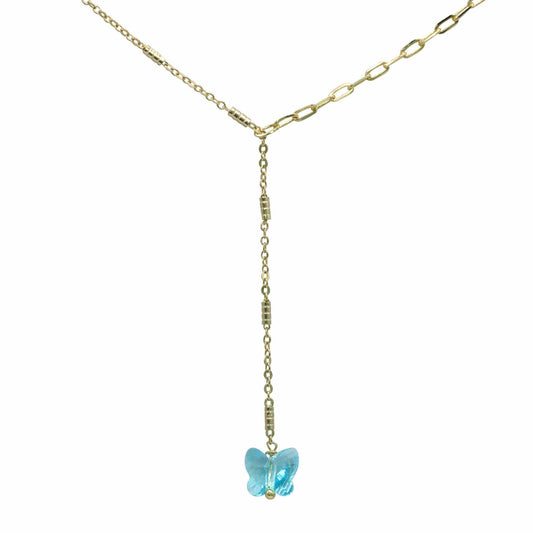 Collar Enchapado en Oro Cadena con Mariposa Cristal Celeste