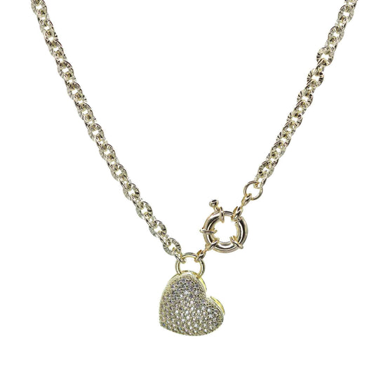 Collar Enchapado en Oro Corazón con Circones y Broche Timón