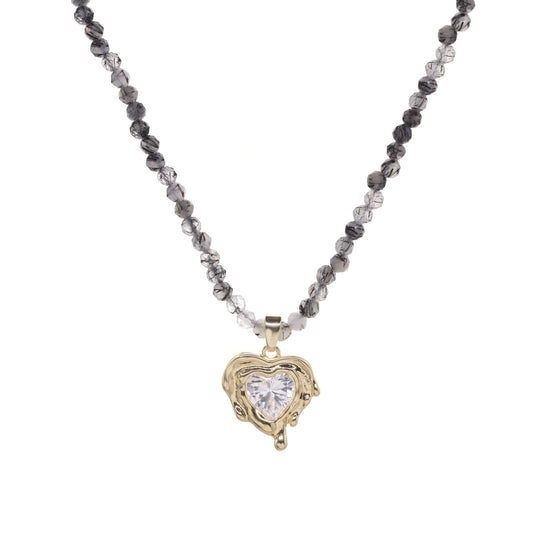 Collar Enchapado en Oro Cristales Grises y Colgante Corazón con Gran Circón