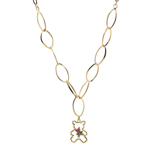 Collar Enchapado en Oro - Eslabón Ovalado con Colgante Silueta de Oso y Circones de Colores
