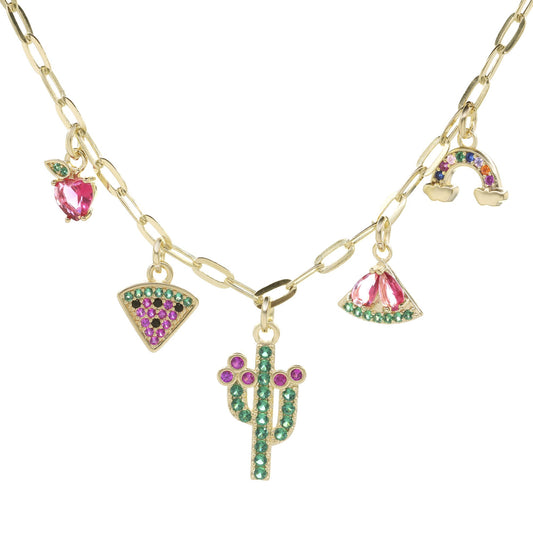 Collar Enchapado en Oro - Figuras Sandía y Cactus con Circones de Colores