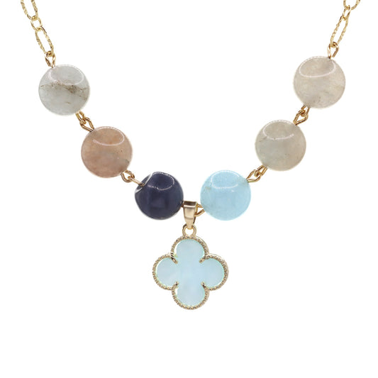 Collar Enchapado en Oro - Flor Celeste con Piedras Ágata