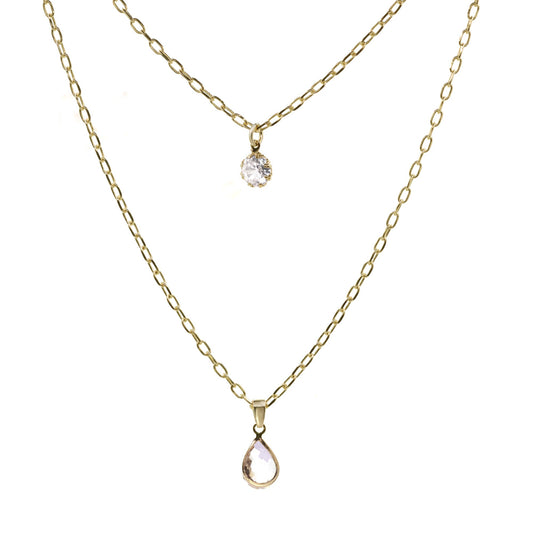 Collar Enchapado en Oro Doble Cadena con Circón y Cristal de Gota