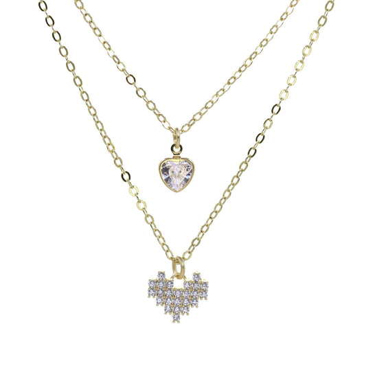 Collar Enchapado en Oro Doble Cadena con Placa forma de Corazón con Mini Circones