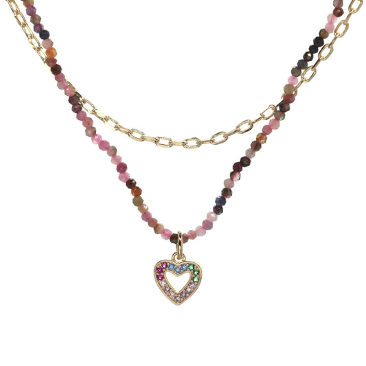 Collar Enchapado en Oro Doble con Ágatas, Cadena y Colgante Corazón Calado con Circones de Colores